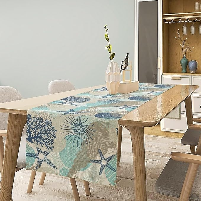Marine Life Table Runner, Sea Underwater World Ocean Creature Table Runner for Dining Kitchen Party Holidays Home 13x60in