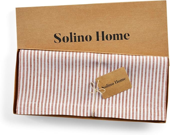 Solino Home Linen Table Runner 48 Inches - Narrow Stripe 100% Pure Linen Cinnamon and White Table Runner 14 x 48 Inch Ideal for Dresser and Coffee Tables