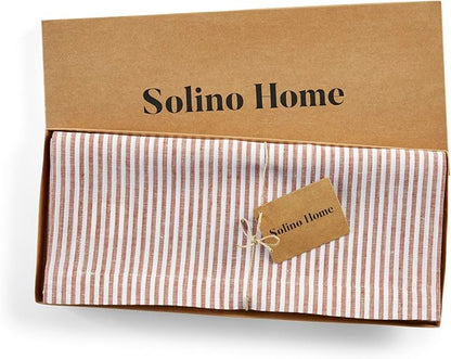 Solino Home Linen Table Runner 48 Inches - Narrow Stripe 100% Pure Linen Cinnamon and White Table Runner 14 x 48 Inch Ideal for Dresser and Coffee Tables