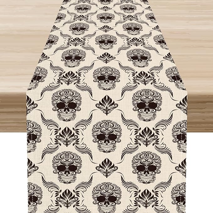Gothic Table Runner, Retro Antique Damask Skull Pattern Classic Halloween Boho Black Coffee Vintage Table Center Decor for Kitchen and Dining Outdoor Home Country Party Table Decorations, 13"x72"