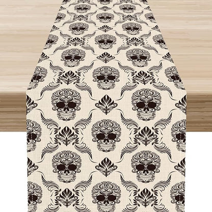 Gothic Table Runner, Retro Antique Damask Skull Pattern Classic Halloween Boho Black Coffee Vintage Table Center Decor for Kitchen and Dining Outdoor Home Country Party Table Decorations, 13"x72"