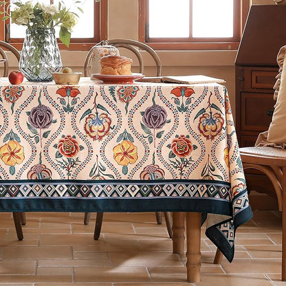 Vintage French Small Square Tablecloth,Linen Durable Tablecloth with Rose and Cornflower Pattern,Decorative Table Cover for Kitchen,Dining,Thanksgiving,Living Room,55" × 55"-Lanae