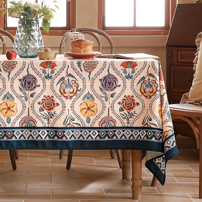 Vintage French Square Tablecloth,Linen Durable Tablecloth with Rose and Cornflower Pattern,Decorative Table Cover for Kitchen,Dining,Thanksgiving,Tea Party,67" × 67"-Lanae