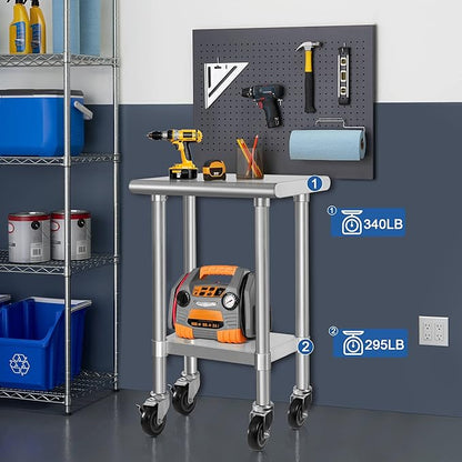 HARDURA Stainless Steel Commercial Table Prep & Work Table with Casters Heavy Duty Metal Table with Wheels NSF 430 18×24 Inches