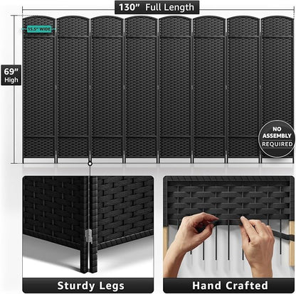 Sorbus 8-Panel Black Room Divider with Double Hinged Panels, 6 ft Tall Folding Privacy Screen