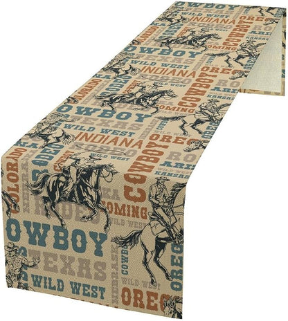 Western Cowboy Table Runner, Vintage Country American West Cowboy Riding Horse Table Runner for Home Kitchen Dining Party Farmhouse Cafe Outdoor 13x90in