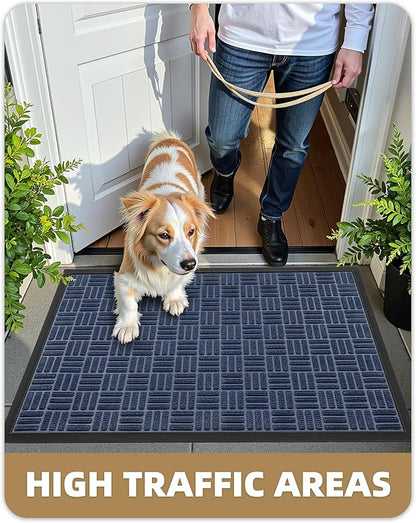Color&Geometry Front Door Mat Outside Entrance, Heavy Duty Non Slip Low Profile Doormat for Entryway, Trap Dirt and Moisture Welcome Mats All-Weather, Easy Clean, Patio, Garage, 24"x36" Blue