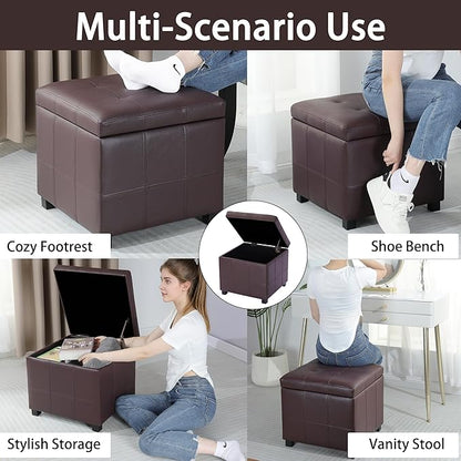 Homebeez Faux Leather Lift Top Storage Ottoman Bench with Solid Wood Frame & Tufted PU - 17.3 Inch Cube Footrest, Seat, with Metal Hinges for Living Room, Bedroom, Dorm | Coffee Brown
