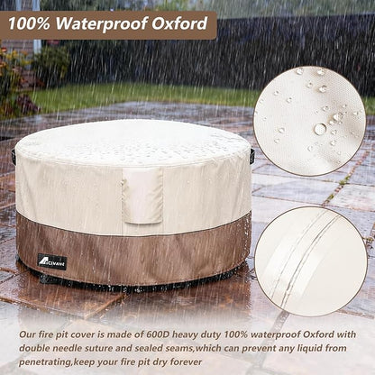 Fire Pit Cover Round 48 Inch Waterproof,Outdoor Heavy Duty Durable 600D Tear-Resistant Fire Pit Table Cover,Patio Round Firepit Cover 48" D x 24" H, Beige