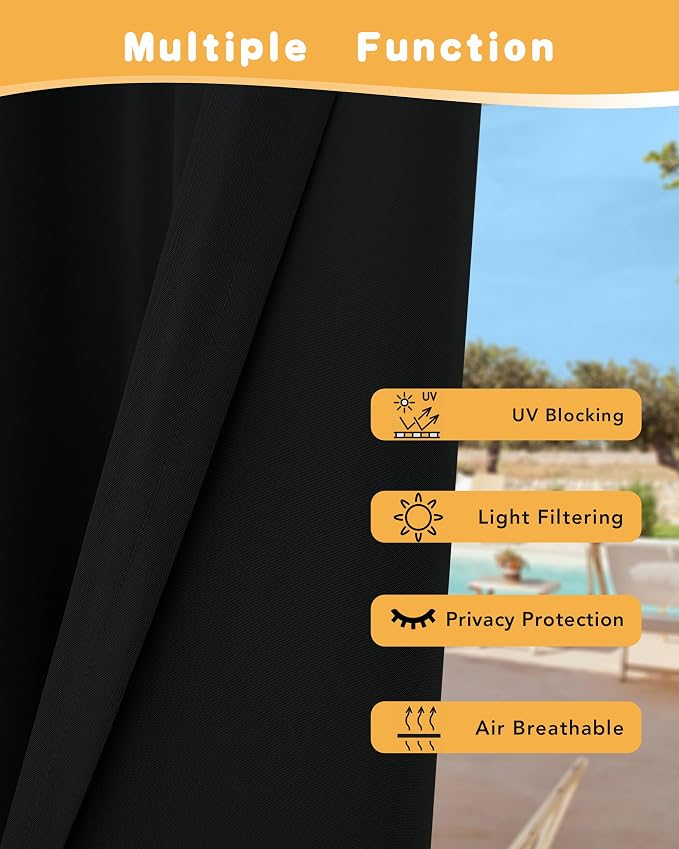 HolidayIdeas Outdoor Curtains for Patio Waterproof 2 Pcs 84x84 Inch Black | - Image 3