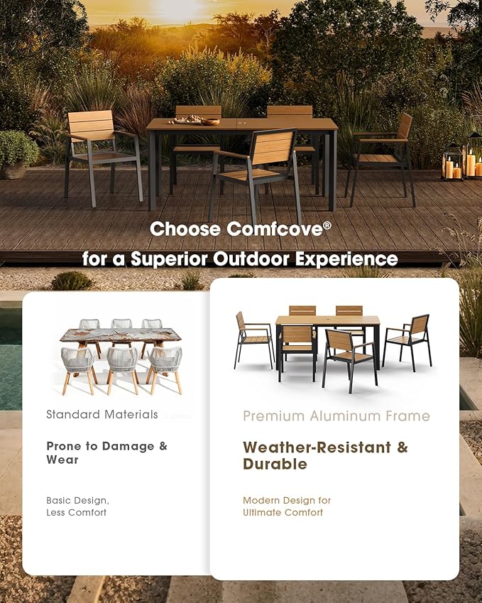 Patio Outdoor Dining Set for 6, Aluminum 7 Piece HDPS Outdoor Table and Chairs Set with Umbrella Hole, Modren Rectangular Patio Furniture Set with All-weather Table and 6 Chairs (Gray & Teak)