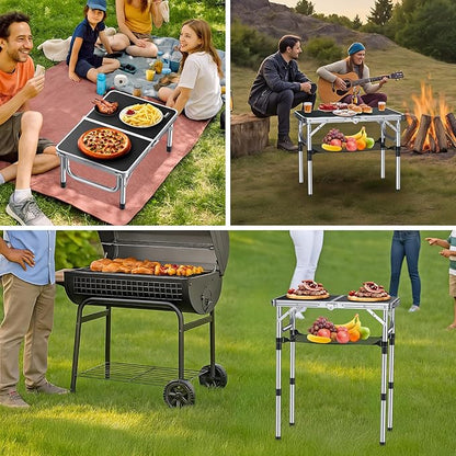 Anbte Folding Camping Table, Aluminum 24" x 16" Adjustable Height Small Folding Table with Carrying Handle, Lightweight, Portable Camping Table Waterproof for Outdoor Indoor Picnic Beach BBQ (Black)
