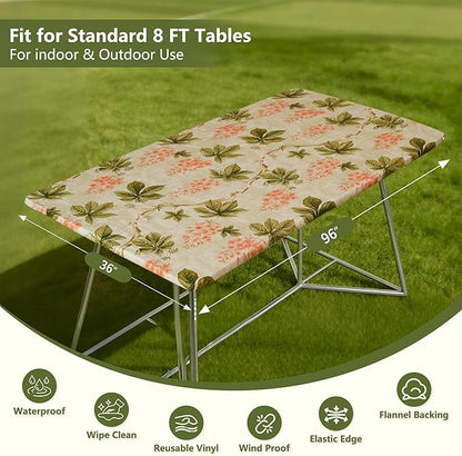 Rectangle Picnic Table Cloth, Elastic Waterproof Fitted Vinyl Tablecloths for 8 Foot Tables, Wipeable Flannel Backed Table Covers for Dining, Camping, Outdoor(Flower,36"x96")