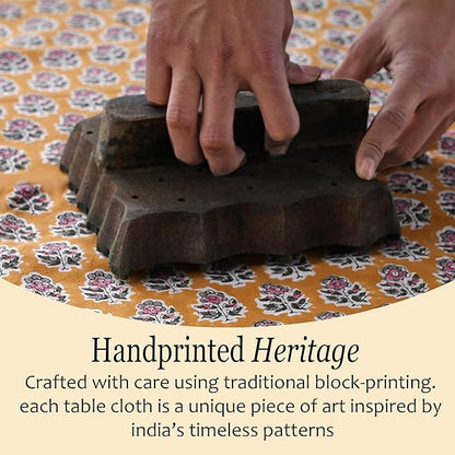 CPC Tablecloth 100% Cotton 60x90 Inch Indian Block Print Rectangle Table Cover, Washable Table Cloth for Weddings, Spring/Summer, Barbeque -Yellow Citrine
