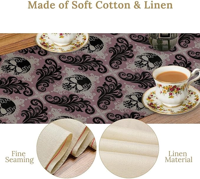 Goth Table Runner, Antique Gothic Damask Skull Baroque Style Floral Halloween Exotic Purple Coffee Vintage Table Center Decor for Kitchen and Dining Outdoor Country Party Table Decorations, 13"x108"