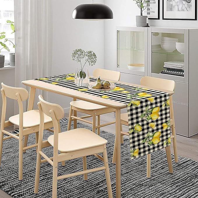 Fresh Lemon Table Runner, Yellow Lemon Black White Buffalo Check Plaid Table Runner for Farmhouse Coffee Home Kitchen Dining 13x120in