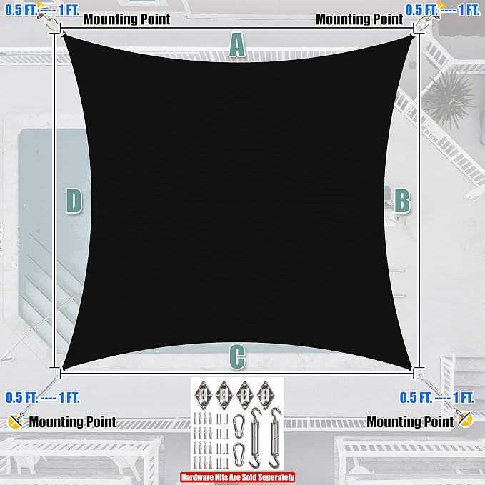 Amgo Custom Size 12' x 22' Black Rectangle Square Sun Shade Sail UPF50+ - Image 7