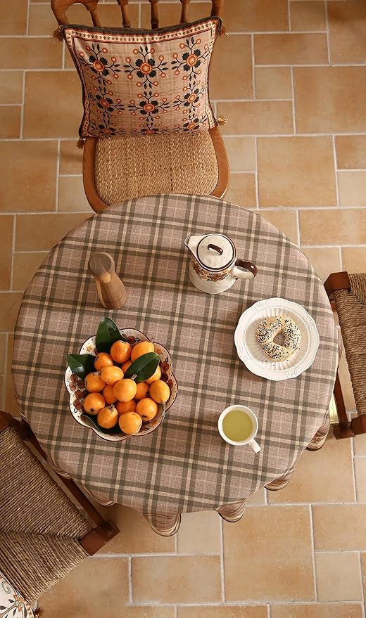 Vintage Brown Checkered Small Round Tablecloth,Italian Style Wrinkle Resistant Linen Tablecloths,Decor Table Cover for Kitchen,Dining,Thanksgiving,Christmas,Diameter 55"-Seville