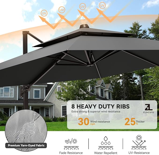 9x12FT Cantilever Patio Umbrella Heavy-Duty Aluminum | 360° Rotating Double - Image 4