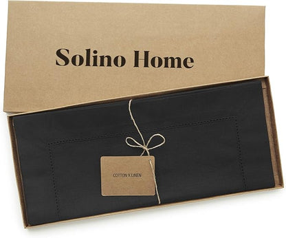 Solino Home Black Table Runner 90 Inches Long - Cotton Linen Hemstitch 14 x 90 Inch Table Runner for Dining, Winter, Spring, Easter