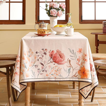 Linen Long Rectangle Tablecloth,French Vintage Pink Floral Pattern Wrinkle Free Table Cloth,Decorative Table Cover for Kitchen,Dining,Tea Party,Thanksgiving,Christmas,63"*94"-Sloosa
