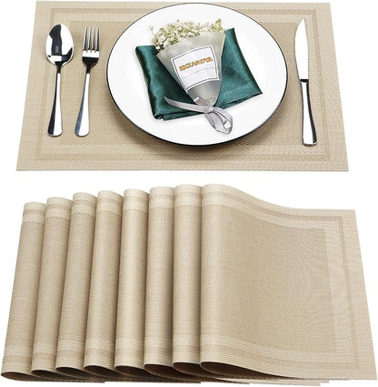 Placemats Set of 8,Washable,Heat and Stain Resistant Indoor/Outdoor Place mats,Vinyl Woven Non Slip Table Mats for Restaurant Table Protection,PVC Placemats(Beige,8PCS)