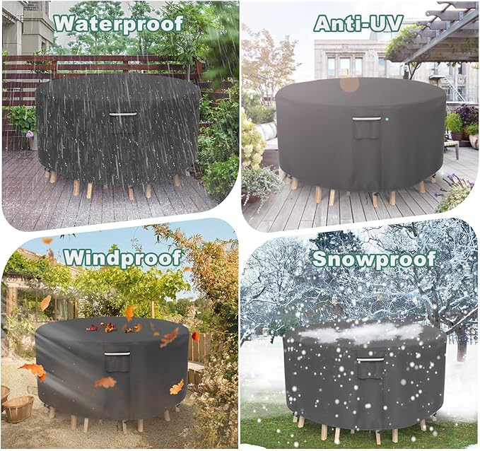 Round Patio Furniture Covers, 500D Heavy Duty Waterproof UV Resistant Cover for Round Outdoor Dining Table & Chairs,110" Dia x 28" H -Black