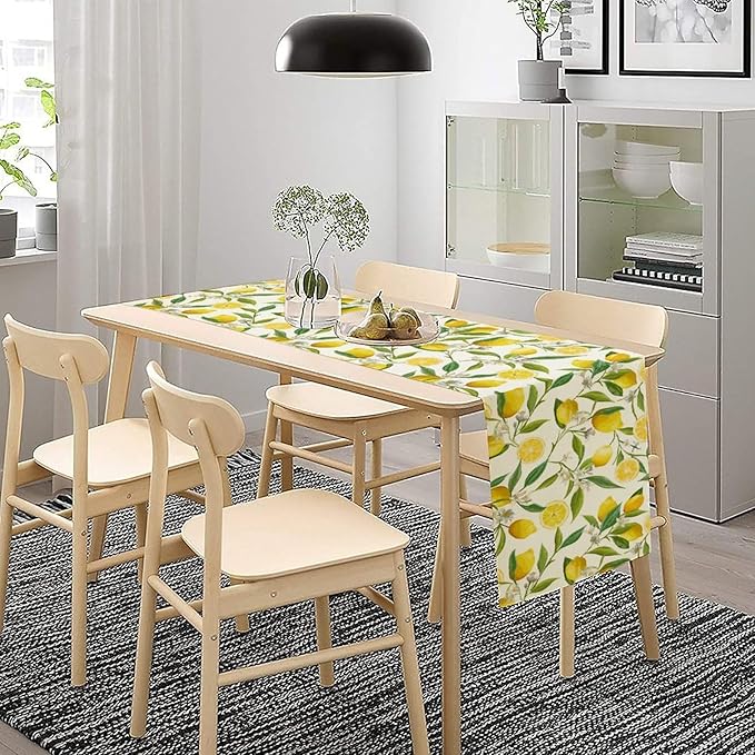 Lemon Table Runner, Summer Fruits Green Leaves Flower Plant Table Runner for Farmhouse Coffee Home Kitchen Dining Party Outdoor 13x108in
