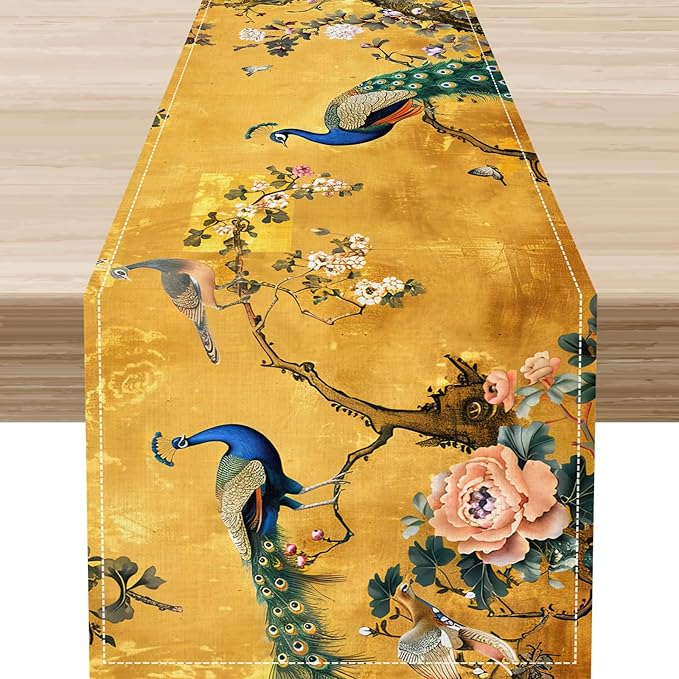 Peacock Table Runner,Golden Vintage Asian Chinese Style Peony Floral Branch Table Center Decor for Family Kitchen and Living Room Outdoor Farmhouse Party Table Decorations, 13"x72"