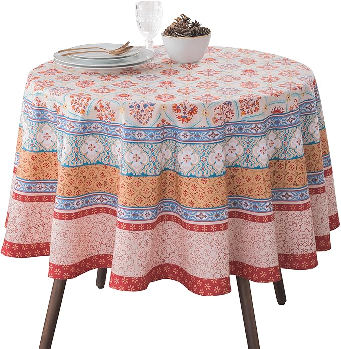 Maison d' Hermine Table Cloth Round Table 100% Cotton 69 Inches Fall Tablecloth Reusable Everyday Use for Thanksgiving Christmas Decorations Dining Farmhouse Party (Romane)