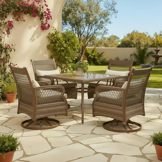 PURPLE LEAF Outdoor Dining Set for 4 All Weather Wicker Patio Dining Set with Hand-Woven Rattan Swivel Dining Chais and Rectangular Aluminum Table for Balcony Porch Small Patio