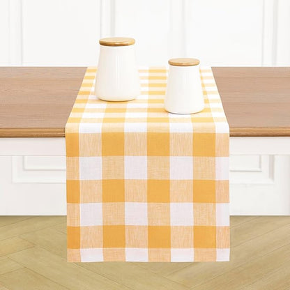 Solino Home Linen Checkered Table Runner 156 Inches Long - 100% Pure Linen Mustard and White Buffalo Check Extra Long Table Runner 14 x 156 Inch Ideal for Dining, Spring, Easter