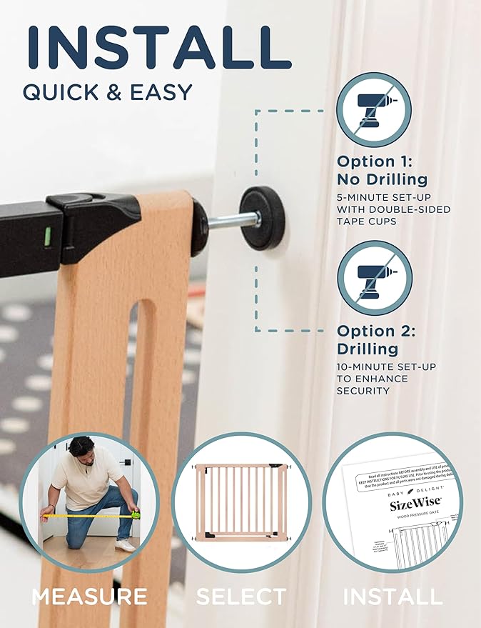 SizeWise™ Wood Pressure Mounted Safety Gate 37.4"-41.34" | Extra-Wide Passage | Auto-Close Two-Way Opening for Doorways and Hallways | Easy Installation | PEFC Certified Beech Wood (28.7" Passage)