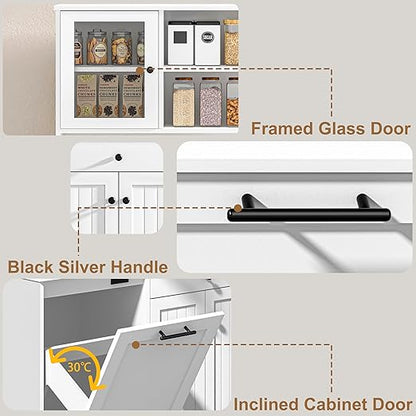 OLD CAPTAIN Tilt Out Trash Cabinet with Deodorising Function, Kitchen Hutch with Microwave Shelf and Drawer, Kitchen Pantry with Trash Cabinet for 10 Gallons, White
