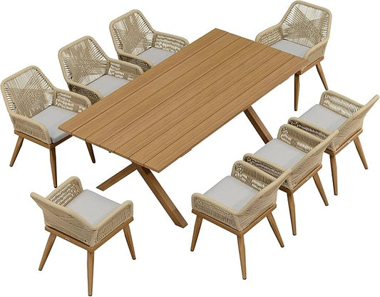 PURPLE LEAF 9 Pieces Outdoor Dining Set All-Weather PE Rattan Outdoor Patio Furniture Set with All Aluminum Frame Rectangular Table and Chairs Set for Lawn Garden Backyard Deck, Teak