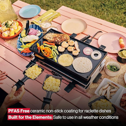 Swissmar Verso Indoor & Outdoor Raclette Grill with Cast Iron Reversible Griddle / Grill Top - 1700W Electric Raclette Set with PFAS-Free Nonstick Dishes, Variable Heat Control, 8-Person