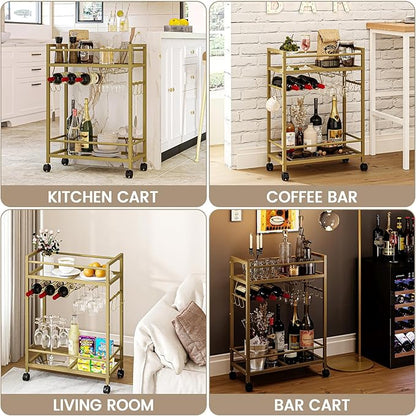 Bar Cart, Serving Cart for Home, Microwave Cart, Drink Cart, Wine Cart with 2 Mirrored Shelves, Wine Holders, Glass Holders, for Kitchen, Dining Room(Gold)