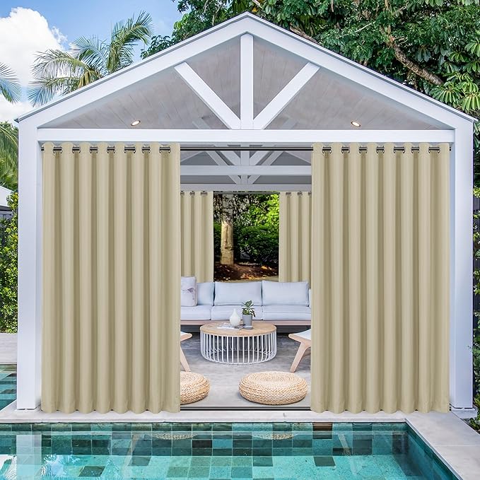 HolidayIdeas Outdoor Curtains for Patio Waterproof 4 Panels 110x95 Inch-Windproof Weatherproof Privacy Wide Cream Curtains-Grommet Top and Tab Bottom Drape for Pergola, Porch, Gazebo, Backyard
