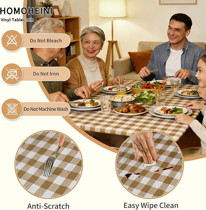 Rectangle Picnic Table Cloth, Elastic Waterproof Fitted Vinyl Tablecloths for 6 Foot Tables, Wipeable Flannel Backed Table Covers for Dining, Camping, Outdoor(Khaki Plaid,30"x72")