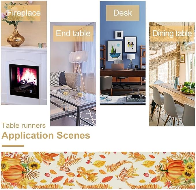Fall Pumpkin Table Runner, Rustic Autumn Harvest Thanksgiving Sunflower Leaves Table Runner for Kitchen Dining Table Decoration Party Holiday, 13x36inch