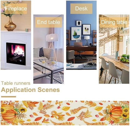 Fall Pumpkin Table Runner, Rustic Autumn Harvest Thanksgiving Sunflower Leaves Table Runner for Kitchen Dining Table Decoration Party Holiday, 13x120inch