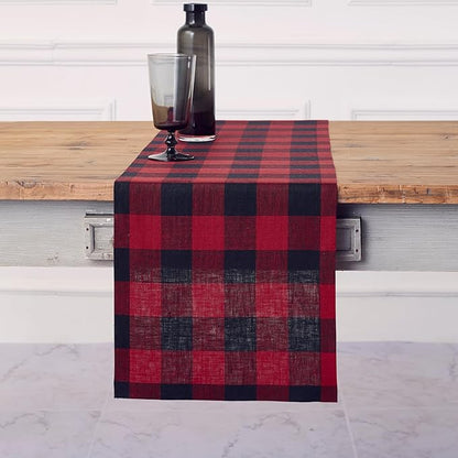 Solino Home Linen Checkered Table Runners 90 Inches Long - 100% Pure Linen Red and Black Buffalo Check Table Runner 14 x 90 Inch Ideal for Dining, Winter
