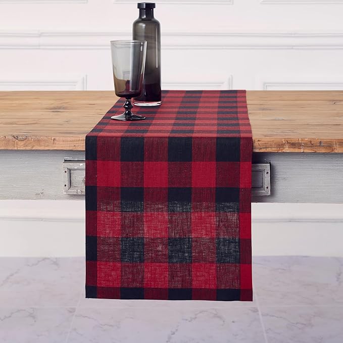 Solino Home Linen Checkered Table Runner 36 Inches - 100% Pure Linen Buffalo Check Red and Black Table Runner 14 x 36 Inch Ideal for Dresser and Coffee Tables - Winter