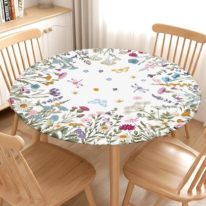 Spring Summer Floral Round Fitted Tablecloth with Elastic Wildflower Butterfly Circle Table Cloth for 44-48" Tables Wipeable Waterproof Farmhouse Easter Flowers Table Cover for Picnic Outdoor Dining