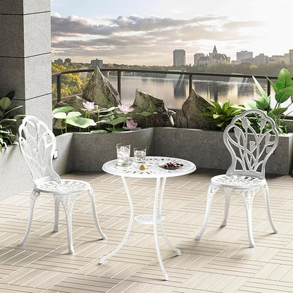 Outdoor Bistro Table and Chairs Set of 2, 3 Piece Patio Bistro Set w/Umbrella Hole, Rust-Resistant Cast Aluminum Bistro Set for Garden/Balcony/Backyard, White