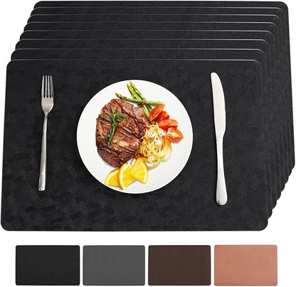 Vinyl Placemats Set of 8 Heat Resistant Easy Clean Non-Slip Place Mats for Dining Table. Faux Leather Waterproof Stain Resistant Wipeable Washable PU Table Mats(8, Black)