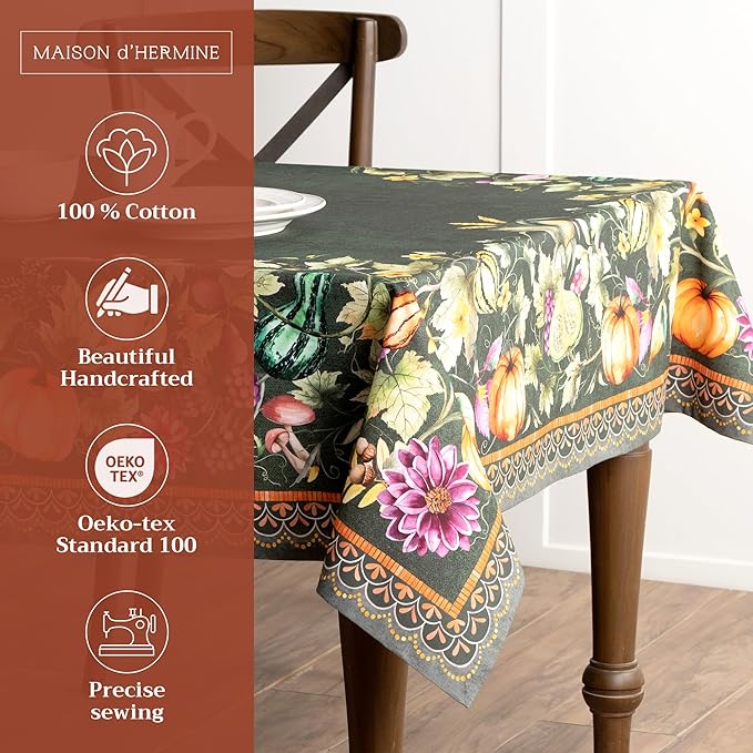 Maison d' Hermine Table Cloth Rectangle Table 100% Cotton 60 x 108 Inches Fall Tablecloth Reusable Everyday Use for Thanksgiving Christmas Decorations Dining Farmhouse (Pumpkin Garden - Dark Green)