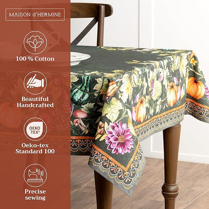 Maison d' Hermine Table Cloth Rectangle Table 100% Cotton 60 x 108 Inches Fall Tablecloth Reusable Everyday Use for Thanksgiving Christmas Decorations Dining Farmhouse (Pumpkin Garden - Dark Green)