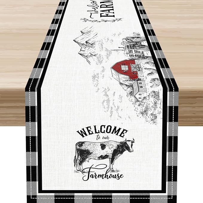 Farmhouse Table Runner, Rustic Country Barn Cottage Rooster Cow Check Animal Plank Coffee Table Center Decor for Home Kitchen Dining Patio Holiday Party Indoor Outdoor Table Decorations 13"x72"