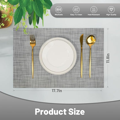 Placemats Set of 8，Non-Slip PVC Weave Table Mats Easy to Clean，Heat Resistant Place Mats for Kitchen Dining Table Decoration Indoor Outdoor，Gray